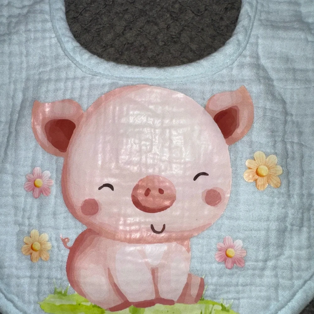 NEW Handcrafted Light Blue Baby Bib with Pink Piglet Design - Kids Accessories